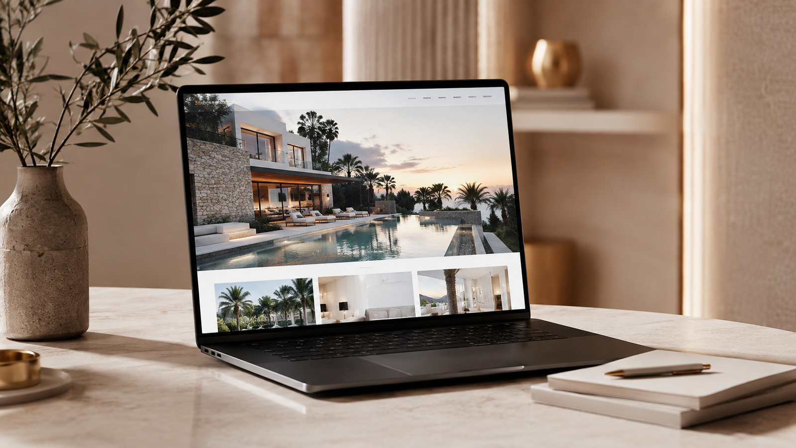 Luxury web design workspace with laptop for a premium Marbella website