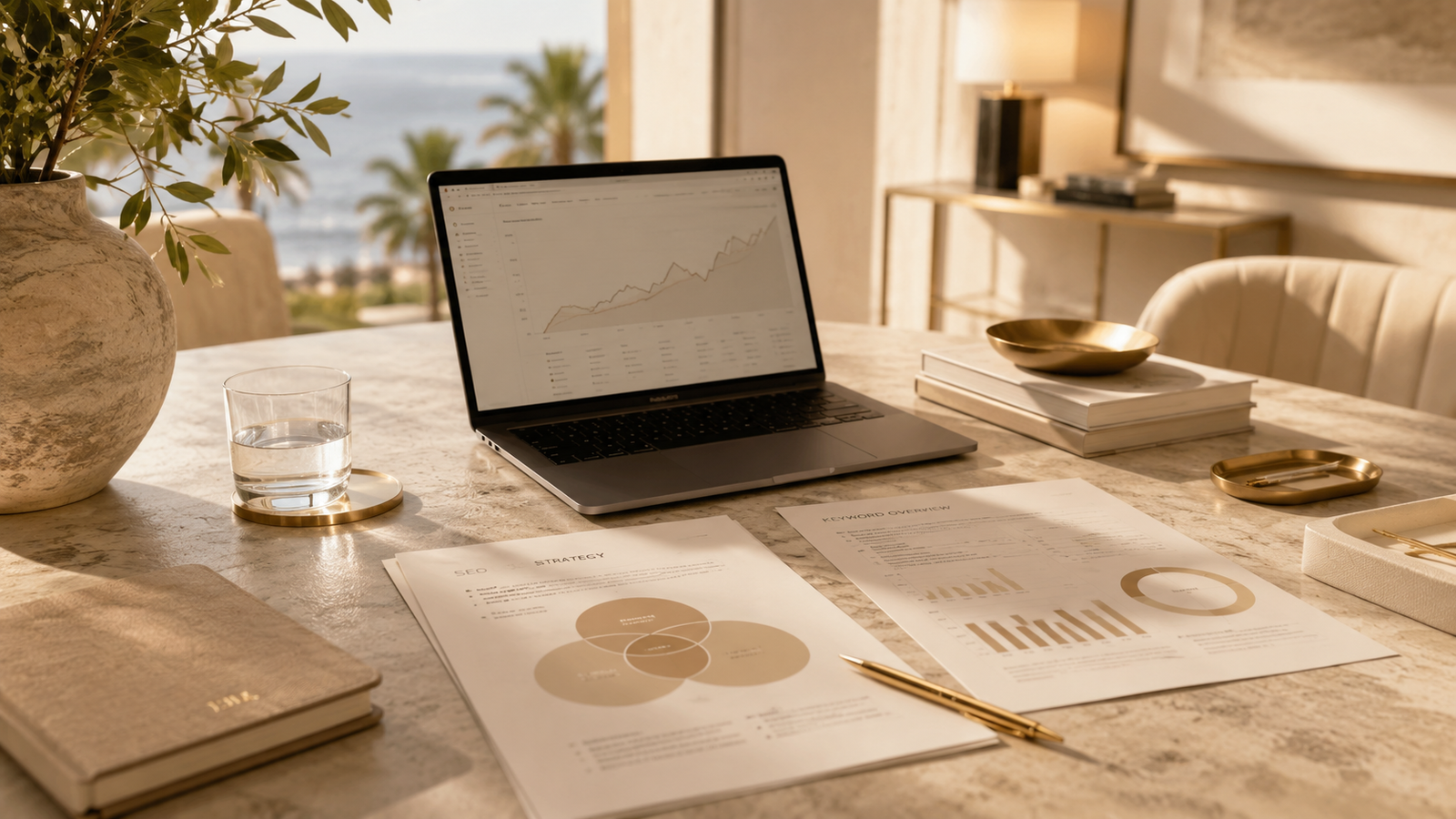 Premium SEO strategy workspace for Marbella luxury brands
